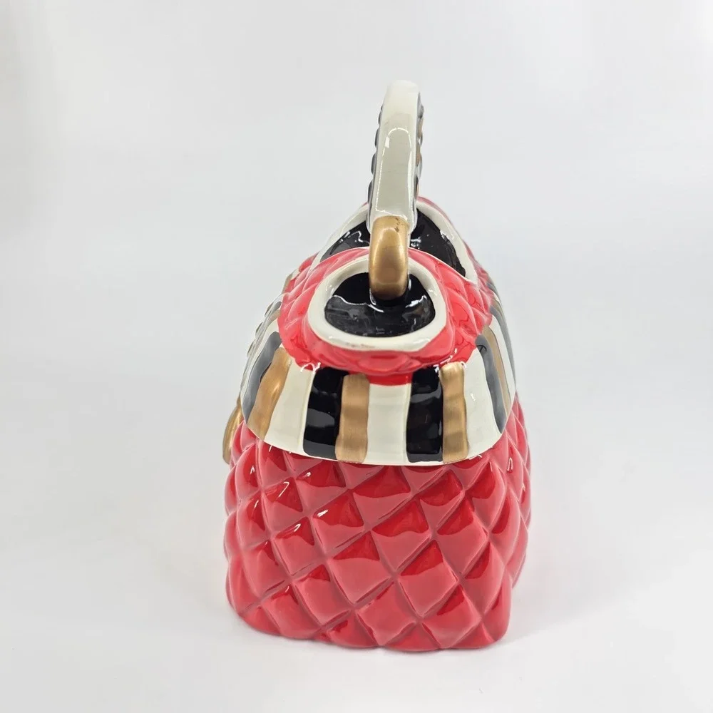 David's Cookies Jar Purse Red Black Gold Quilted Ceramic Cookie Jar, 6.5
